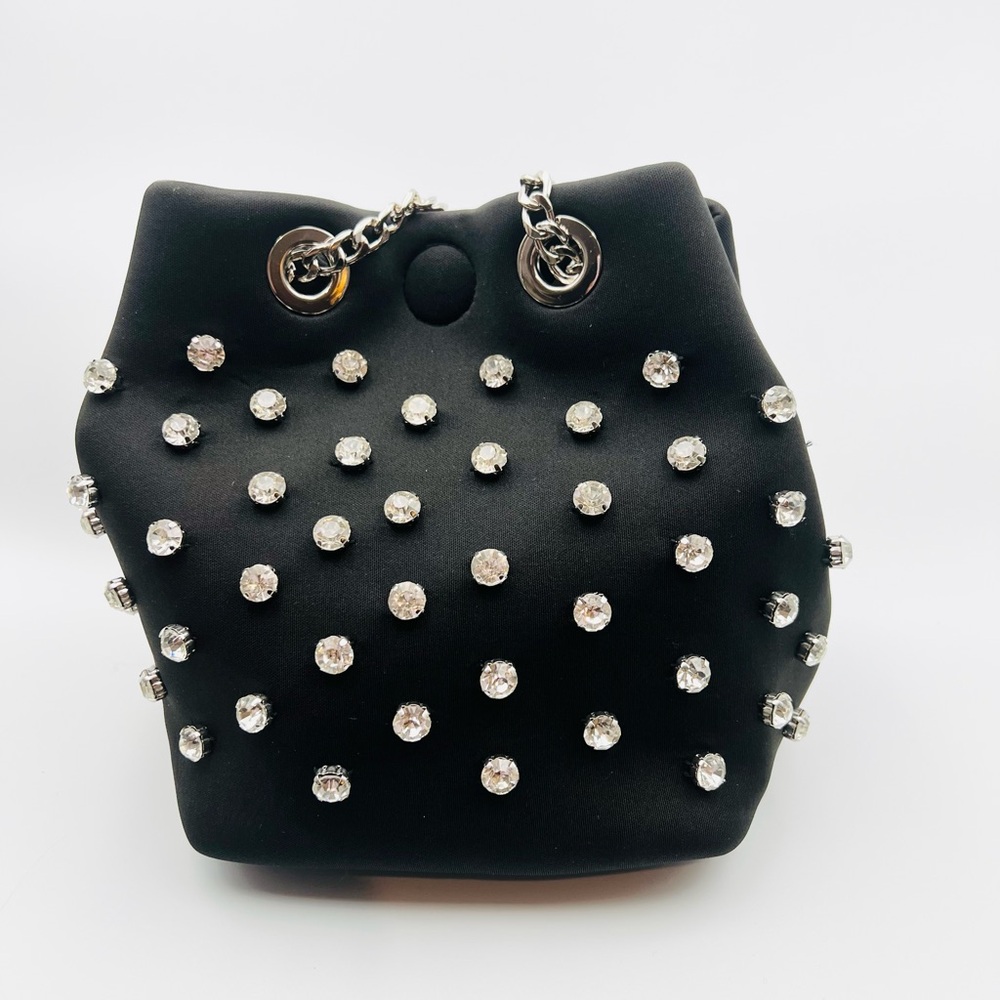 Inzi Fashion Neoprene Black Bag with Metal Chain Strap and Rhinestone Studs
